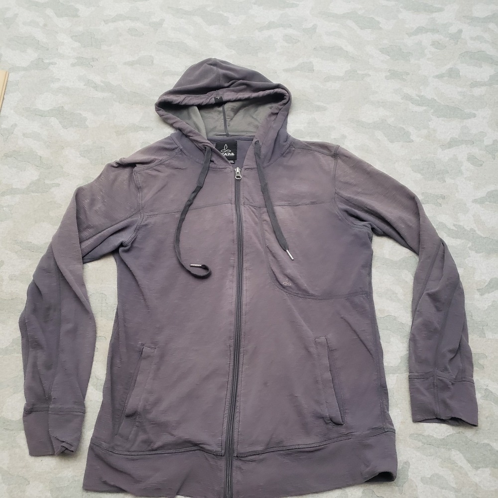 Prana Sweatshirt Womens Medium Gray Full‎ Zip Hooded Pockets Outdoors Travel